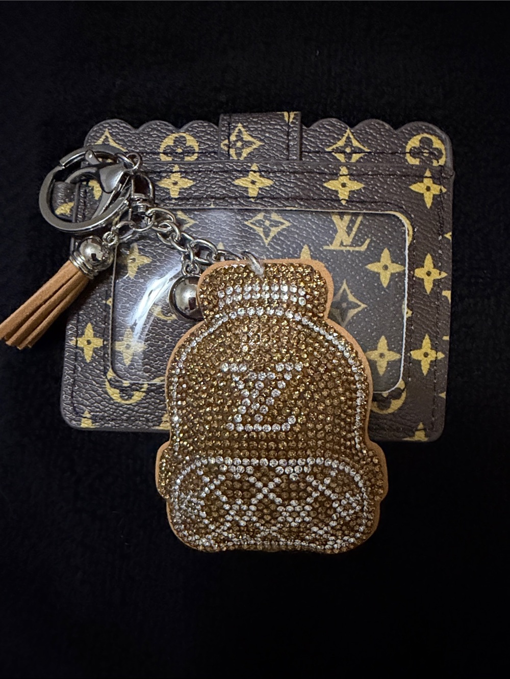 Brown Monogram Card Holder with Gold Crystal Charm